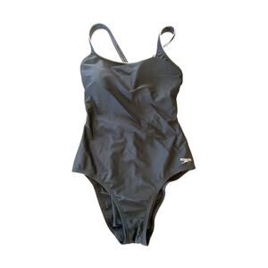 Black Speedo women's size 12 one piece swim bathing suit EUC white trim